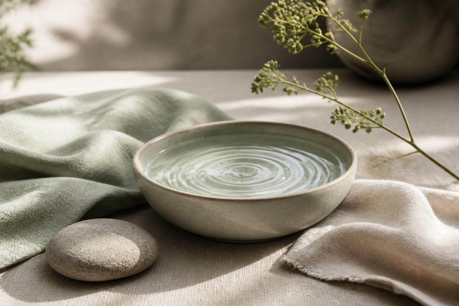Ruhige Symbolszene für Hypnose-Coaching mit Wasser, Stein und Pflanzenzweig