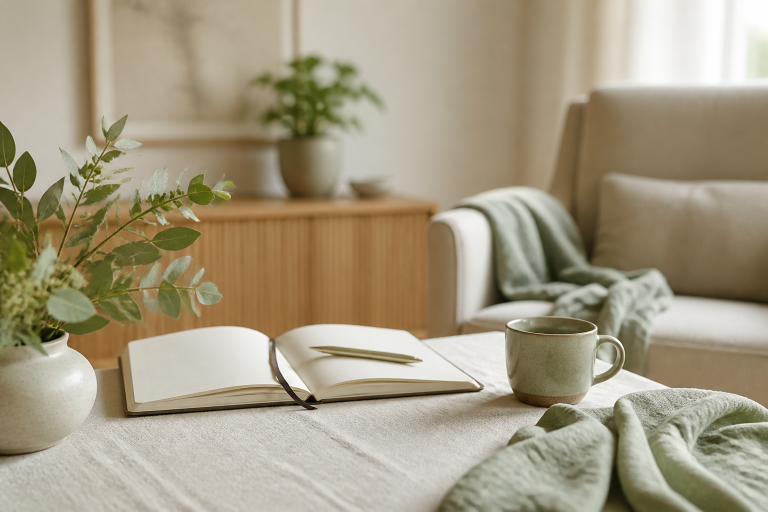 Ruhige Coaching-Situation mit Notizbuch, Keramik und Leinen